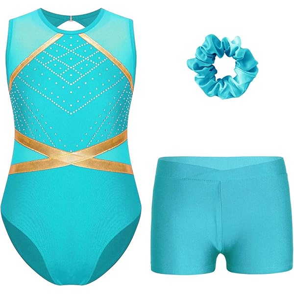 Aislor Gymnastiekpak voor meisjes, glitter-turnpakje, lange mouwen, dansbody met gymnastiekshorts, strass, turnbody, balletkleding, dancewear, goud, 110-116