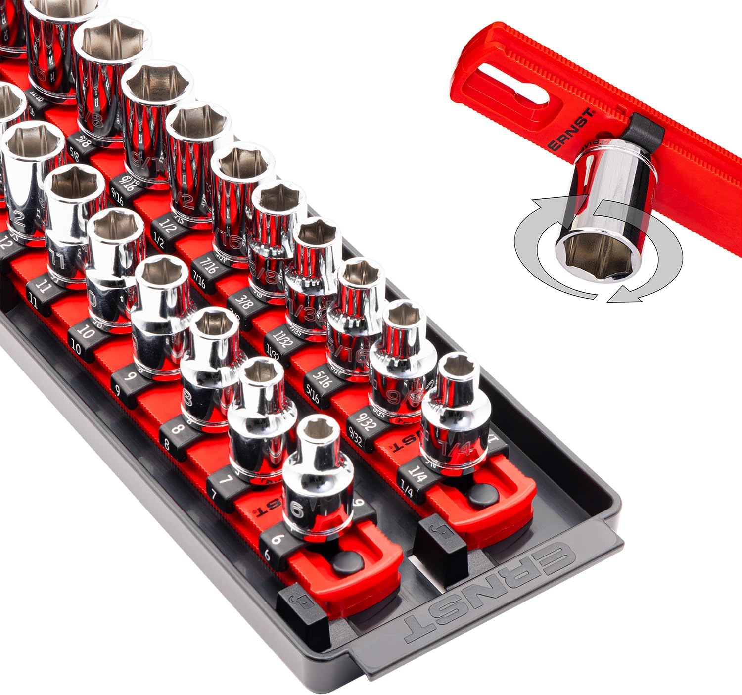 Ernst Manufacturing Twist-Lock Socket Boss, Premium 2-Rail 3/8-Inch-Drive Socket Organizer, 13-Inch, Red (8493)