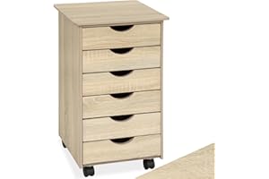 tectake® Rollcontainer mit Schubladen, Schubladenschrank 6x Schublade, mit Rollen, Büro Organizer, Schreibtisch Schrank, Rollwagen Unterschrank, Aufbewahrungsschrank Office - Holz hell, Eiche Sonoma