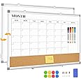 QUEENLINK Magnetic Whiteboard Monthly Calendar Double-Sided White Board Calendar for Wall, 45×60cm Dry Erase Aluminum Frame White Board Cork Board Combo, Memo Board for Office, Home, School, Kitchen