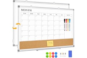 QUEENLINK Magnetic Whiteboard Monthly Calendar Double-Sided White Board Calendar for Wall, 45×60cm Dry Erase Aluminum Frame White Board Cork Board Combo, Memo Board for Office, Home, School, Kitchen