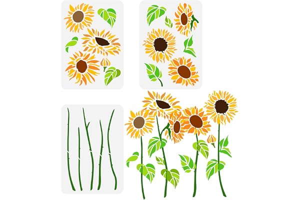FINGERINSPIRE 3PCS Pochoirs de Tournesol 21x29.7cm Pochoirs de Peinture Évider Pochoirs de Disque de Fleur Pochoirs de Tige de Fleur Feuilles Pochoirs de Fleur de Soleil pour la décoration de meubles