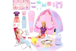 Miunana 34 Doll Travel Camping Tent Set Include Doll Tent Casual Dress Top & Pants Backpack Placemat Sleeping Bag Shoes Chair Toy Dog Camping Playset for 11.5 Inch/30cm Girl Doll for Kid