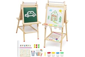 MAYCOLY Kids Easel 3 in 1 Double Sided Chalkboard Whiteboard with Paper Roll Wooden Art Easel Mini Painting Board Standing Easel Height Adjustable with Storage Tray Letters Numbers and Other Accessories