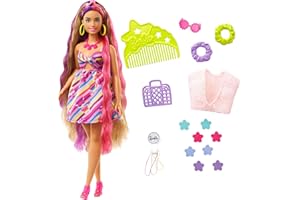 Barbie HCM89 - Totally Hair Puppe (Blond/Bunte Haare) im Blumen Print Kleid mit 15 Zubehör Teilen für tolle Looks, Mehrfarbig, Spielzeug für Kinder ab 3 Jahren