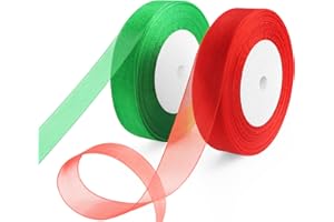 OWill 2 Rollen Geschenkband Weihnachten,20mm x 90m,Satinband rot & grün,schleifenband Weihnachten,Transparente chiffonbänder weihnachtsbänder für geschenkverpackungen,Weihnachtsbaum,Schleifen
