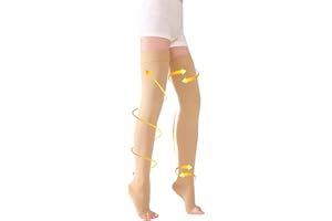 TOFLY Bas de compression à cuisse haute, opaque, soutien ferme Compression de gradient de 20-30 mmHg avec bande de silicone, bas de compression à bout ouvert, gonflement du traitement, Beige L