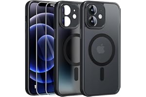FLLAO Funda para iPhone 12, Compatible MagSafe, con 2 Piezas Protector de Pantalla Cristal Templado, [Protección de Cámara] Magnética Carcasa Translúcida Mate Trasera Fina Antigolpes, Negro
