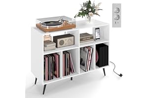 COSTWAY Meuble Rangement Vinyle pour Albums, 6 Compartiments, Rangement CD DVD Manga, 5 Pieds en Métal, Support pour Tourne-disque, Meuble Hifi, Bibliothèque Basse (Blanc,Avec prise)
