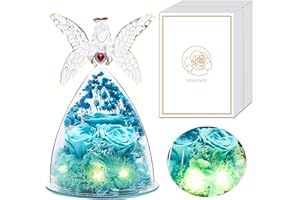 PISKEKAT Real Rosa Eterna en Vidrio Angel Figurines, Mujer Regalo Cumpleaños, Flor Preservada Rosa Angel Cúpula Cristal Luz LED, San Valentin Aniversario Día de la Madre Regalo para Mamá Esposa Novia Abuela