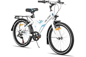 HH HILAND HILAND Mountain bike da 20"/24" per bambini e bambine dai 7, 8, 9, 10+ anni, con cambio a 6 velocità, bici da città per bambini, portapacchi e portapacchi, colore nero/bianco