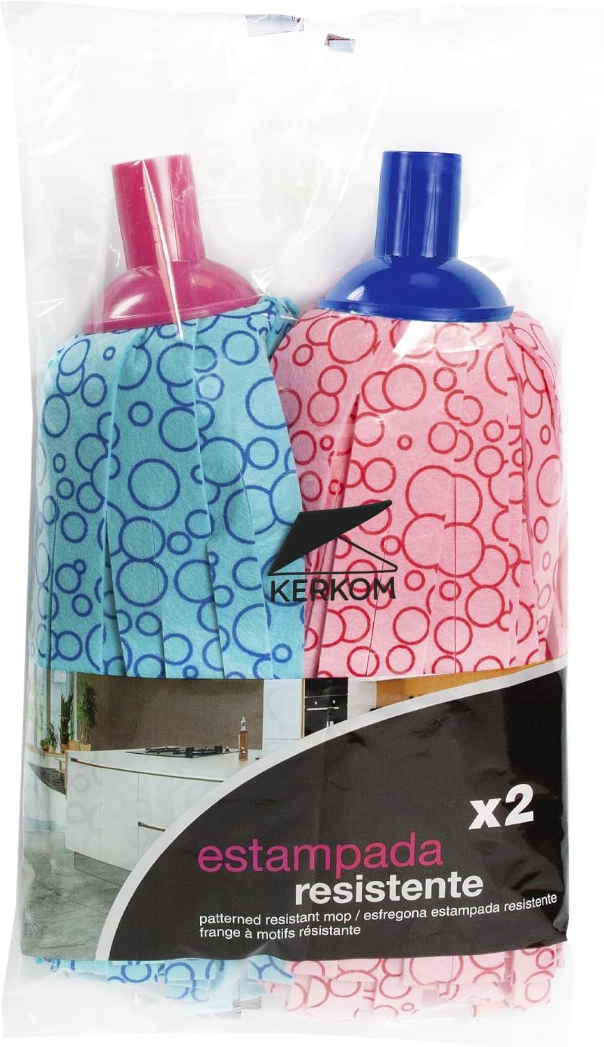 KERKOM Duplo Fregona Estampada de Alta Absorción | Apta para Interior y Exterior | Ideal para Gres, Terrazo, Mármol, Baldosas y Cemento Pulido | Resistente y sin Marcas | Rosca Universal