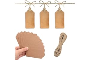 FAMIDIQGO Kraftpapier hängende Tags, 100 Stücke Geschenketiketten mit 20m Jute Seil, Kraftpapier Etikettenkarten, Hochzeitsgeschenke Weihnachtsjute Seil, natürliche Pappe, hohe Qualität