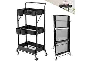 ‎ALLYSON Allyson® Klappbarer Aufbewahrungswagen 3 Etagen-Faltbarer Servierwagen mit Rollen, Rollregal mit Körben & Haken, Küchenwagen, Badregal, Beistellwagen, Organizer für Haushalt, Büro & Badezimmer-Schwarz