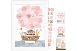 LEGEZON Gästebuch Babyparty Taufe Kommunion Konfirmation Geburtstag, Taufgeschenke für Mädchen Junge, Baby Shower Deko Spiele Gender Reveal Party, Weißem Holzrahmen, Arche Noah Gästebild, Süße Aufklebe (Rosa)