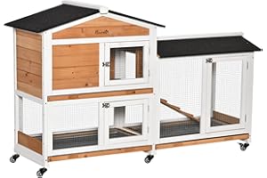 PawHut Gabbia per Conigli da Esterno con 6 Ruote, Porte Multiple, Conigliera in Legno di Abete con Rampa, Casetta per Conigli e Spazio Aperto Recintato, Giallo e Nero