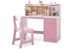 RELAX4LIFE Set Scrivania e Sedia per Bambini, Tavolo da Scrittura in Legno con Sedia, Ripiano, Bacheca, Cassetto, Armadio per Lettura, Disegno, Set di Tavoli da Studio per Bambini (Bianco+Rosa)