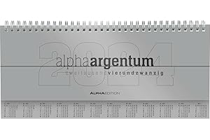 Calendario horizontal de mesa alpha argentum 2024 – planificador de oficina 29,7 x 13,5 cm – calendario de mesa – 1 semana 2 páginas – plata – encuadernación con anillas Alpha Edition
