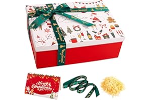 HONGCI Medium/Large Christmas Eve Box 29x21x10.5cm Christmas Boxes for Gift Thick Luxury Xmas Gift Boxes for Presents with Lids Ribbon Card, Foldable Red Xmas Eve Box for Gifts Kids Adults