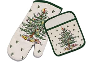 Spode - 2pc Kitchen Set, Matching Oven Mitt & Pot Holder, Holiday Home Decor (Spode Christmas Tree Collection)