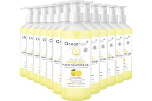 OCEAN FREE Lemon Zest Hand Sanitiser Gel - 500ml Pump Bottle - 70% Alcohol - Made in the UK (Pack of 12)