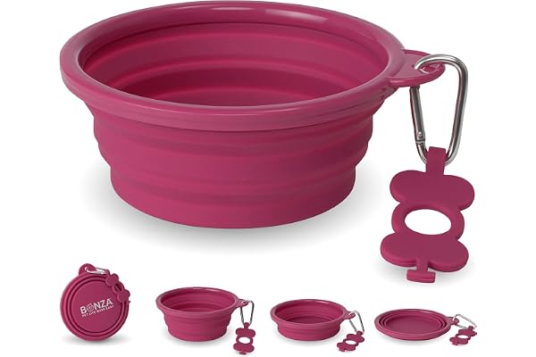 Bonza Large Collapsible Dog Bowl 1000 ML, Sturdy Reinforced Rim, Includes Carabiner & Water Bottle Holder Keychain, Pink