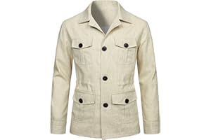 ESUKAR Veste De Safari Légère pour Hommes Lin Décontracté Boutonné Multi-Poches Manteau Cargo Outwear