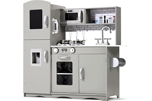 KIDOZ ONLINE KIDS SHOP KIDOZ Wooden Toy Kitchen, Large Pretend Play Kitchen With Realistic Oven, Microwave and Sink With Taps, Kitchen Playset with Sounds and Lights For Kids (New Grey (Kitchen with Utensils)