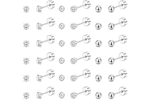 JeweBella 18 Pares Pendientes Pequeños Mujer Acero Inoxidable Bola Circonita Cúbica Pendientes Tuerca Planos Hipoalergénicos Piercing Oreja Plata 2mm/3mm/4mm