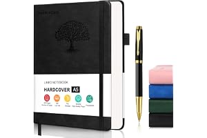 DoubleCare 300 Pages Hardcover Notebook, A5 Leather Thick College Ruled Journal with 80GSM Paper, Ruled Notepad with Pen, Daily Journal for Women Men Work Organization, School Supplies Office,Black