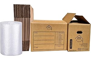Kit de Déménagement T2 - Fabriqué en France - 20 Cartons de Déménagement Grosse Épaisseur 50x30x30 cm + 1 rouleau de Papier bulle 20 m x 50 cm - LPVS