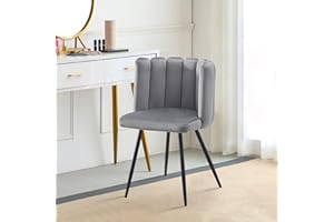 LEMROE Velvet Dining Chair with Petal Backrest Vanity Reception Chair with Black Metal Legs Padded Leisure Chair for Dining Room Living Room Bedroom (1PC, Grey)