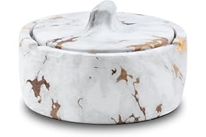 YoHyien Cendrier Exterieur de Table en Ceramique, Cendrier avec Couvercle Anti-Odeur et Anti-Vent, Fermé pour la Terrasse, le Jardin, la Maison et le Bureau (Blanc Doré)