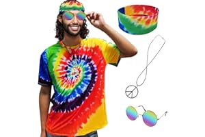 XonyiCos Hippie-Kostüm für Herren und Damen, 60er und 70er Jahre, buntes T-Shirt, Sonnenbrille, Stirnband, Friedenskette, 4-teiliges Motto-Party