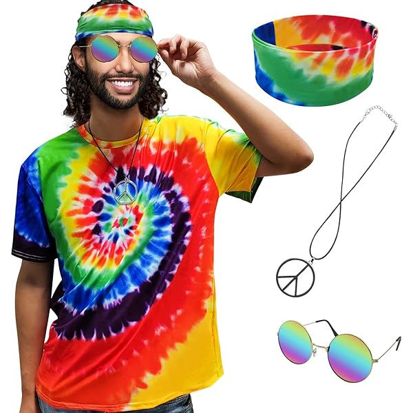 Hestya 5 Stück 60er 70er Hippie Kostüm Set Damen Hippie Tie Dye Poncho
