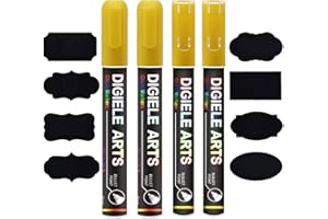 DIGIELE Rotulador Tiza Liquida Oro, 2 Pcs Rotulador 3mm + 2 Pcs 6mm Rotuladores de Tiza Líquida Oro con 16 Pizarra Reutilizable Etiquetas, Borrado con Seco y Húmedo, Punta Reversible de Bala o Cincel