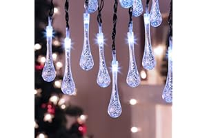 BLOOMWIN Guirlande Lumineuse Extérieure Solaire Noël Guinguette Blanc Froid 30LED 6,5m Guirlande Lumineuse Goutte d'Eau Goutte de Pluie Imperméable Lumière Décoration Maison Chambre Jardin Terrasse