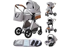 YAZOCO Carrito de Bebé 3 en 1, Plegable Carricoche de 3 Piezas, Cambiador, Cubrepiés, Mosquiteros, Cubiertas de Lluvia, Accesorios de Asiento (H V9 Gris plateado)