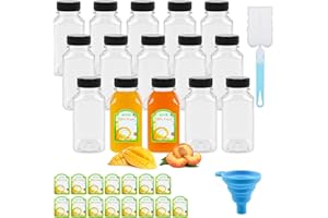 CoKeeSun 15pcs Botellitas Pequeñas para Rellenar, 250ml Mini Botellas de Plástico Reutilizables con Tapas, Botellas de Jugo de Plástico Transparentes con Embudo, Pincel, Etiquetas, para Zumos, Bebidas