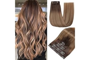 GUDOZO Extensiones de clip de pelo real: 7 unidades, 40 cm, 120 g de marrón a marrón claro con rubio claro (16 pulgadas, 2/6/18K#)