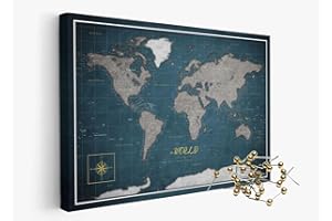 ‎FRAMED CONCEPT framed concept Hochwertige Canvas Weltkarte 90x60cm - Kork-Pinnwand - Englische Beschriftung