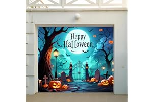 GUASDIE Halloween Backdrop Garage Door Banner Night Moon Pumpkin Forest Horror Background for Halloween Party Decorations Photo Booth Props, Horror Night 7 x 8ft