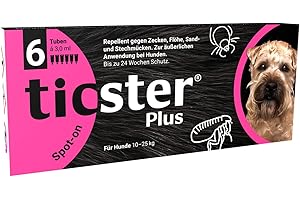TICSTER Plus Spot-on für Hunde von 10 - 25 kg, Floh und Zeckenmittel, Inhalt: 6x 3,0ml, Schutzdauer: bis zu 24 Wochen (Lösung zum Auftropfen, auch gegen Sand- & Stechmücken, Insektenschutz für Hunde)