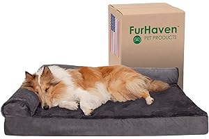 Furhaven Żel chłodzący legowisko dla dużych psów ze zdejmowanymi podkładkami i nadającym się do prania pokrowcem, dla psów do 43 kg - pluszowy i aksamitny szezlong w kształcie litery L - platynowy