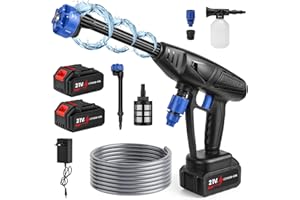 EAGERMINDS Hidrolimpiadora Bateria, 26 Bar Hidrolimpiadora Portátil, Pistola de Agua Alta Presión con 2 Baterías, Boquilla 6 en 1, Manguera de 5M, Lavadora a Presión Inalámbrica para Jardín, Coche