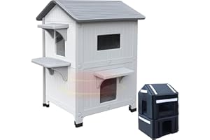 HICAPTAIN 2 piezas Casa para gatos al aire libre con revestimiento aislado, casas al aire libre para gatos de plástico refugio para gatos al aire libre resistente a la intemperie con puerta de escape