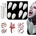 RUIXUE® 10 Piece Vampire Teeth Set,4 Sizes Fangs,3 Piece Halloween Tattoos,with 2 Tube Teeth Pellets Adhesive,for Cosplay Party Props Halloween Horror Party Fangs. (Beige-B)