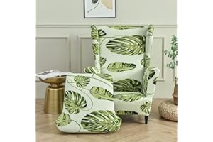 Highdi 2-Pezzi Copripoltrona con Orecchie Elasticizzato, Elegante Fiori Copridivano da 1 Posto Strandmon con Fodera per Cuscino, per Bar Soggiorno Camera da Letto Reception (Piante verdi)