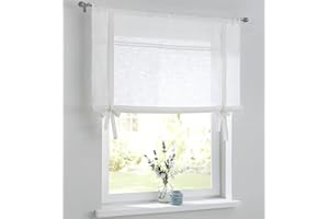 KUTTI Vicky Biała roleta rzymska z imitacji lnu, z koronką z drążonym obszyciem, ściągacz tunelowy, do kuchni, z bawełny, firana do wiązania, szerokość 80 cm x wysokość 100 cm