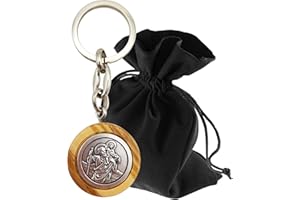 Lunexus Porte-clés Christophe - Bois d'olivier et métal - Saint Christophe - Béni - patron automobile - Porte-bonheur pour voiture et moto - Cadeau pour pèlerins, argenté/bois, 3,3 cm